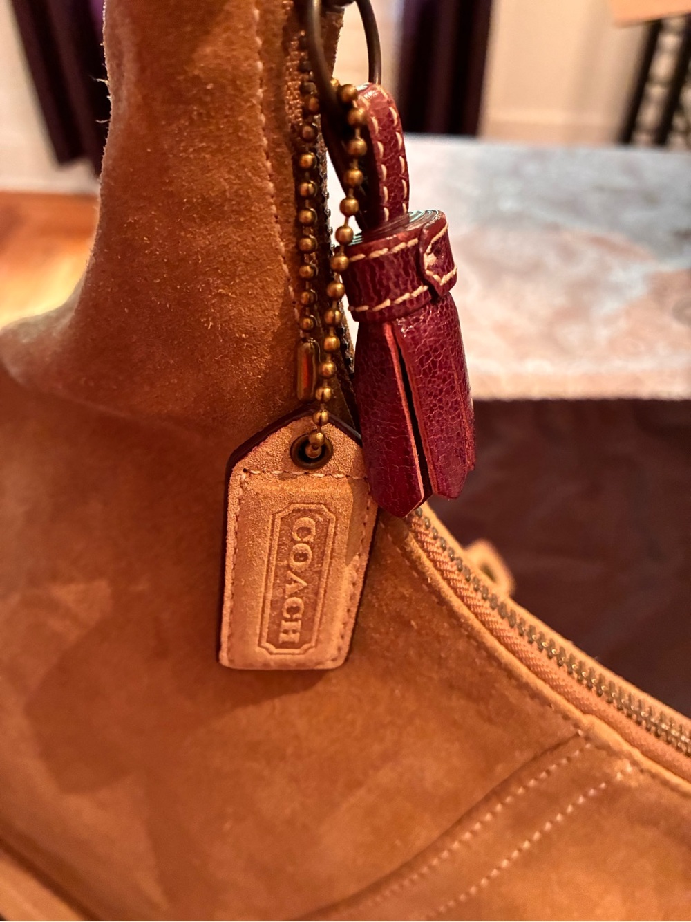 Vintage Coach Suede Hobo Bag in Tan with Burgundy Strap + Coach Suede Care Kit - Picture 10 of 14